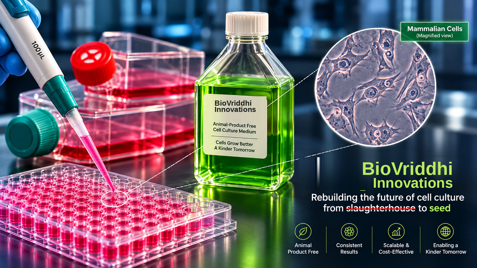 BioVriddhi Innovations — animal-product-free cell culture medium, titre plate, T-flasks, mammalian cells